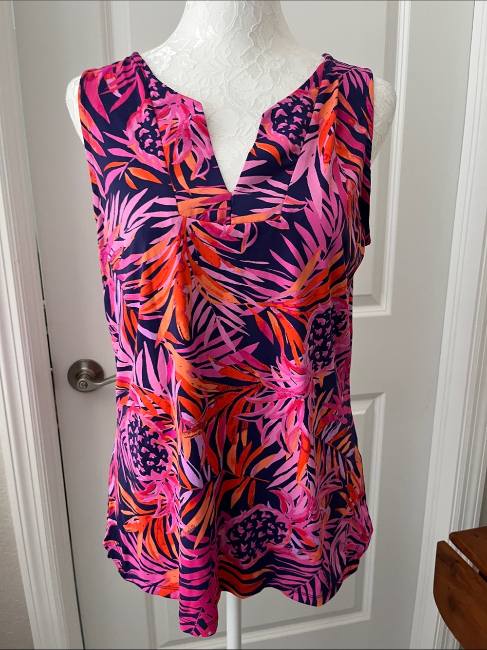 Sleeveless V-Neck Tropical Print Tank Top - Navy with Pink & Orange NWOT